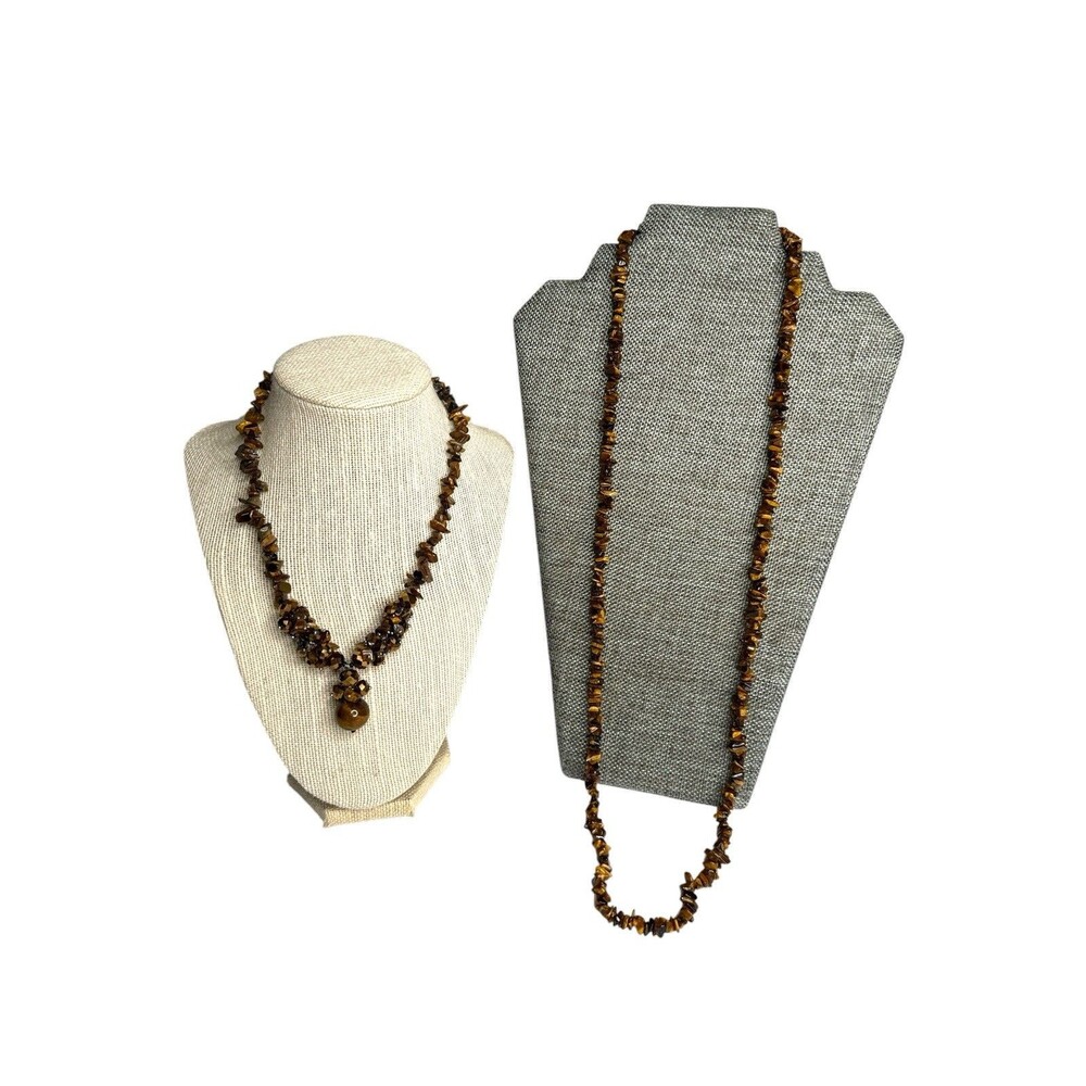 Lot 2 Tiger Eye Gemstone Necklaces Long Chip Strand & Handmade Pendant Boho